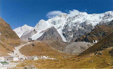 A panoramic view of the Chorabari glacier. A, Accumulation zone; RS, Right snout; LS, Left snout; M, Medial moraine; T, Kedarnath temple A panoramic view of the Chorabari glacier. A, Accumulation zone; RS, Right snout; LS, Left snout; M, Medial moraine; T, Kedarnath temple