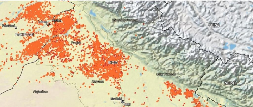 Image depicts the cumulative number and location of fires over Punjab, Haryana and Uttar Pradesh between September 30 and October 16. Credit: NASA Image depicts the cumulative number and location of fires over Punjab, Haryana and Uttar Pradesh between September 30 and October 16. Credit: NASA