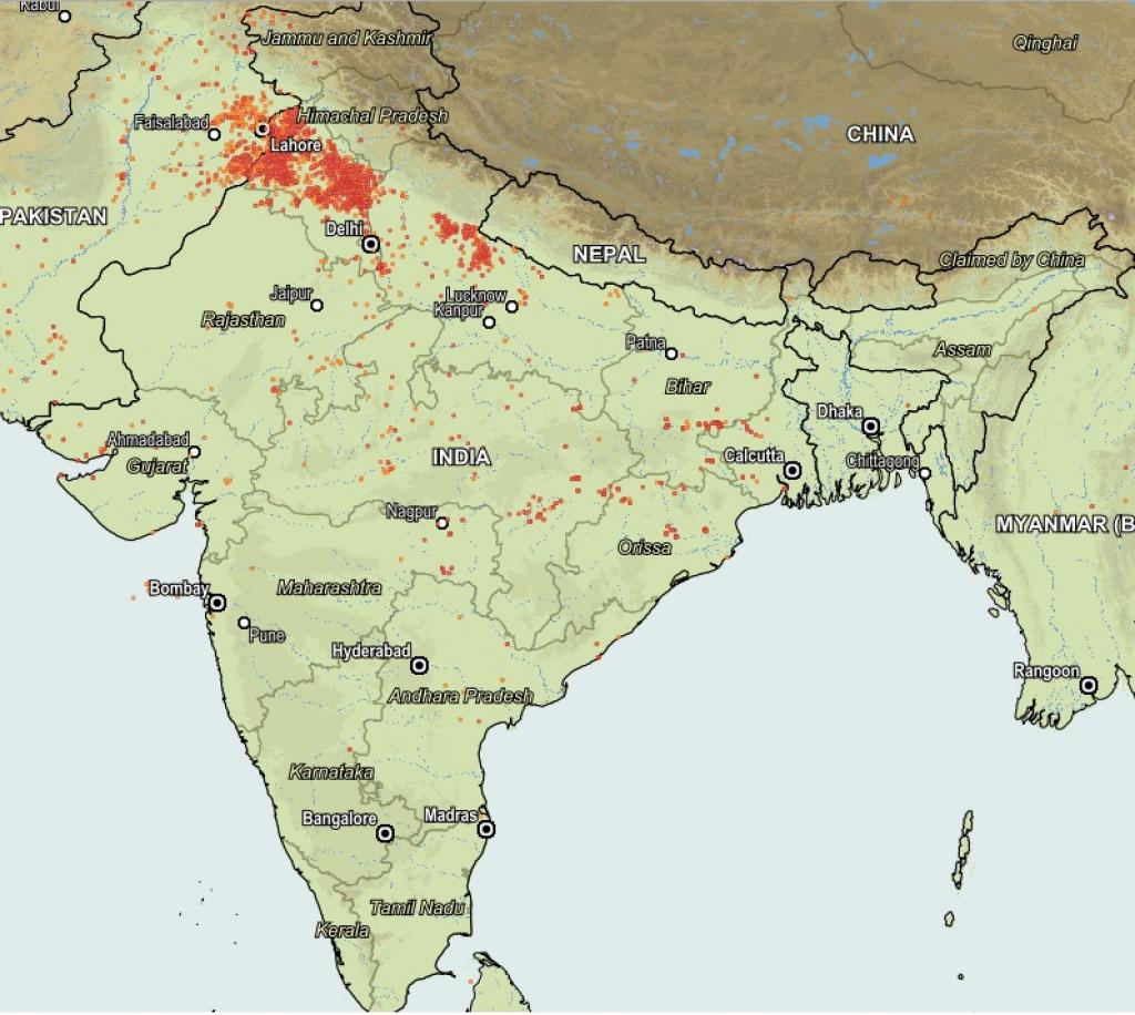 Satellite image between Oct 13 and 15 shows biomass fires over southern Tamil Nadu, Gujarat, Rajasthan, Madhya Pradesh, Odisha and West Bengal. Credit: NASA Satellite image between Oct 13 and 15 shows biomass fires over southern Tamil Nadu, Gujarat, Rajasthan, Madhya Pradesh, Odisha and West Bengal. Credit: NASA