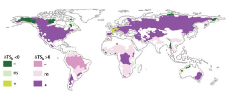 Map shows the mean change in taxonomic similarity (TSb). The “+” and “−” signs indicate that the changes observed are significantly greater or lower than expected. Insignificant changes are denoted by “ns”. image
