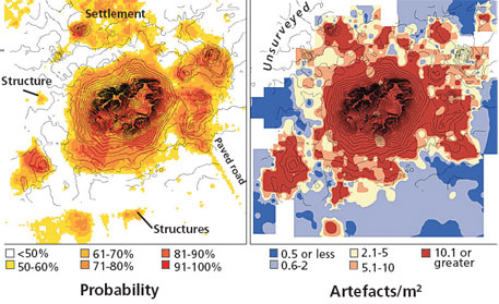 NASA satellite photos show (left) probability of settlements; and (right) distribution of surface artefacts in northeastern Syria (Photo: Bjoern Menze And Jason Ur) image