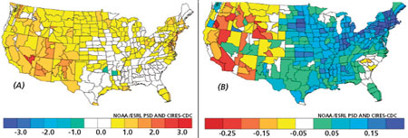 Standardised temperature (A) and Standardised precipitation (B) for 2001–2009 relative to 1895–2000 image