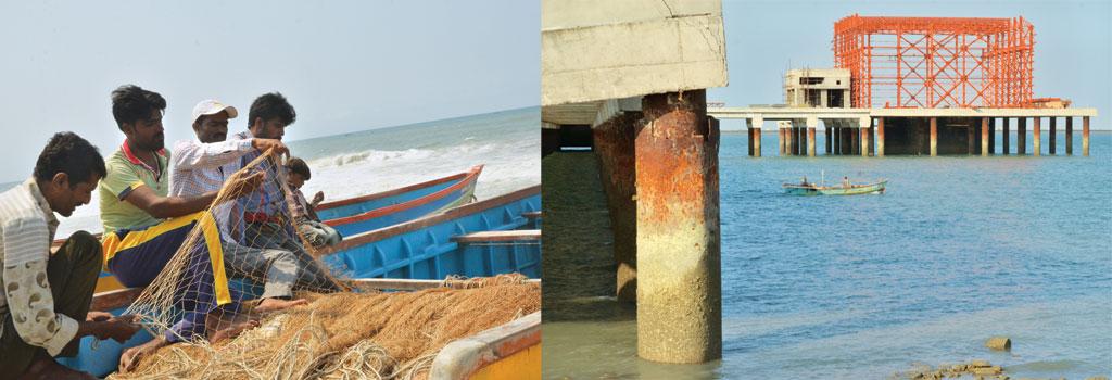 (Left) Most
of Salaya's
fisherfolk have
quit fishing
since Essar
Bulk Terminal
Ltd started
constructing a
jetty (right)
in their fishing
ground (Photographs: Jitendra)