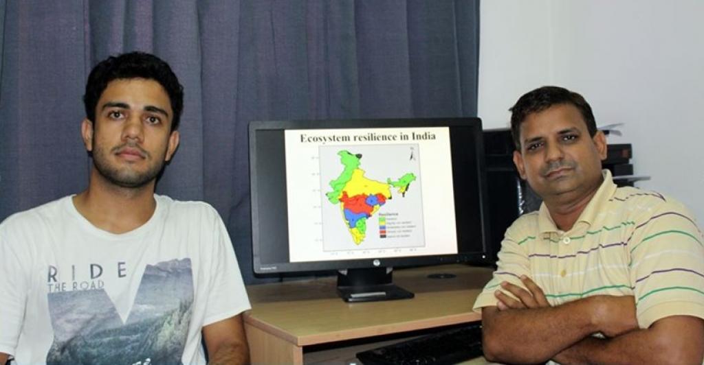 Dr Manish Goyal (Right) and Ashutosh Sharma with ecosystem resilience map they have developed. Credit: India Science Wire Dr Manish Goyal (Right) and Ashutosh Sharma with ecosystem resilience map they have developed. Credit: India Science Wire