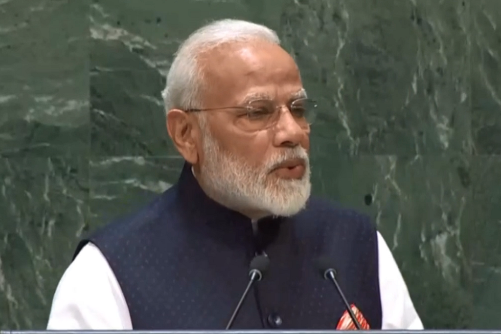 संयुक्त राष्ट्र जनरल असेंबली को संबोधित करते हुए प्रधानमंत्री नरेंद्र मोदी। Photo: PMO twitter संयुक्त राष्ट्र जनरल असेंबली को संबोधित करते हुए प्रधानमंत्री नरेंद्र मोदी। Photo: PMO twitter