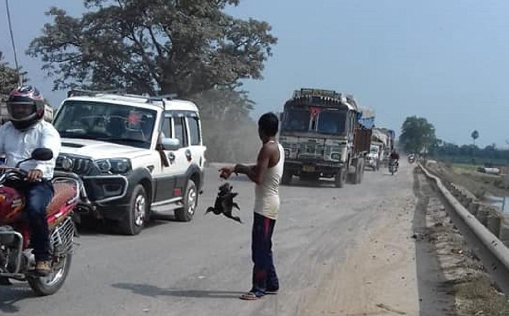 राष्ट्रीय राजमार्ग नंबर 31 पर खुलेआम साइबेरियन पक्षी बेचता एक व्यक्ति। फोटो: पुष्यमित्र राष्ट्रीय राजमार्ग नंबर 31 पर खुलेआम साइबेरियन पक्षी बेचता एक व्यक्ति। फोटो: पुष्यमित्र