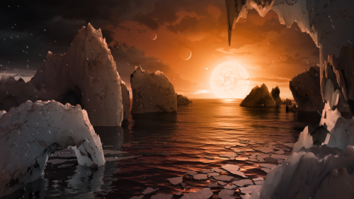 This illustration shows the possible surface of TRAPPIST-1f, one of the newly discovered planets in the TRAPPIST-1 system. Scientists using the Spitzer Space Telescope and ground-based telescopes have discovered that there are seven Earth-size planets in the system
Credits: NASA/JPL-Caltech This illustration shows the possible surface of TRAPPIST-1f, one of the newly discovered planets in the TRAPPIST-1 system. Scientists using the Spitzer Space Telescope and ground-based telescopes have discovered that there are seven Earth-size planets in the system
Credits: NASA/JPL-Caltech